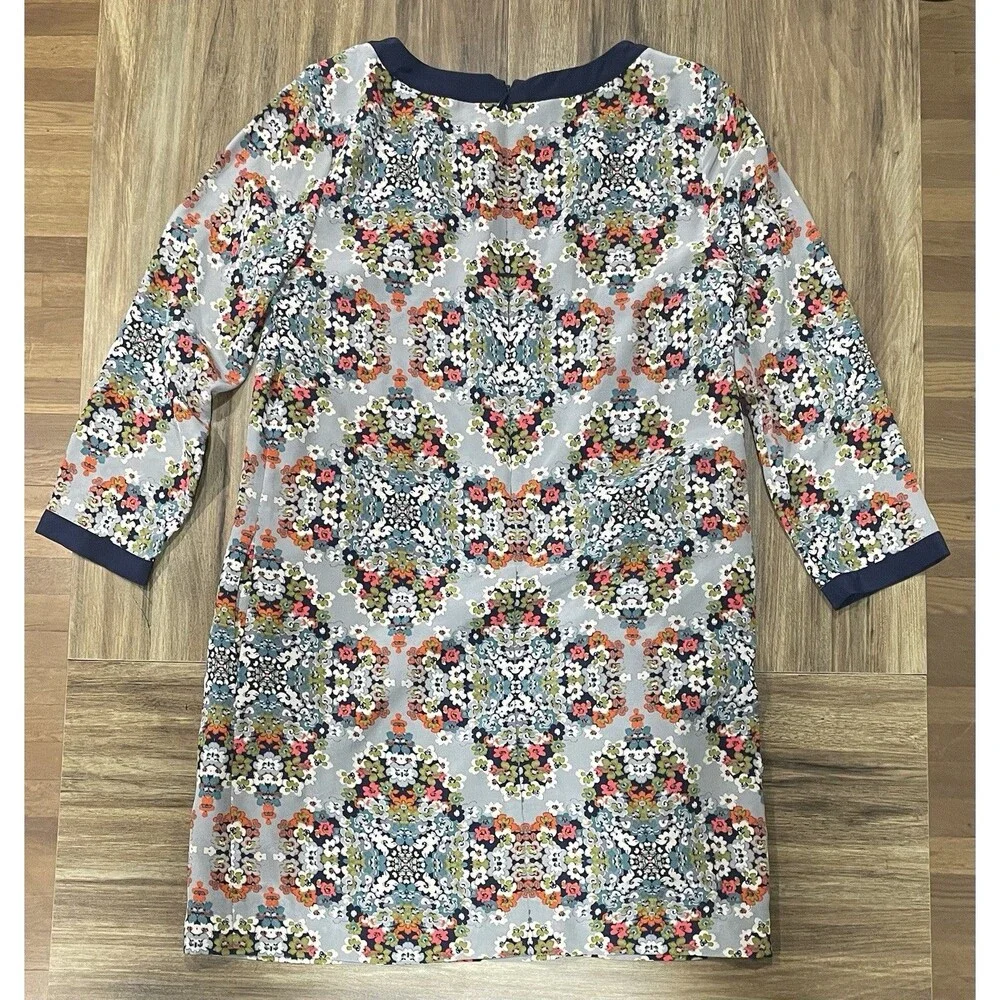 J.CREW Womens Silk Gray Misty Fog Floral Navy Trim 3/4 Sleeve Shift Dress Sz 6